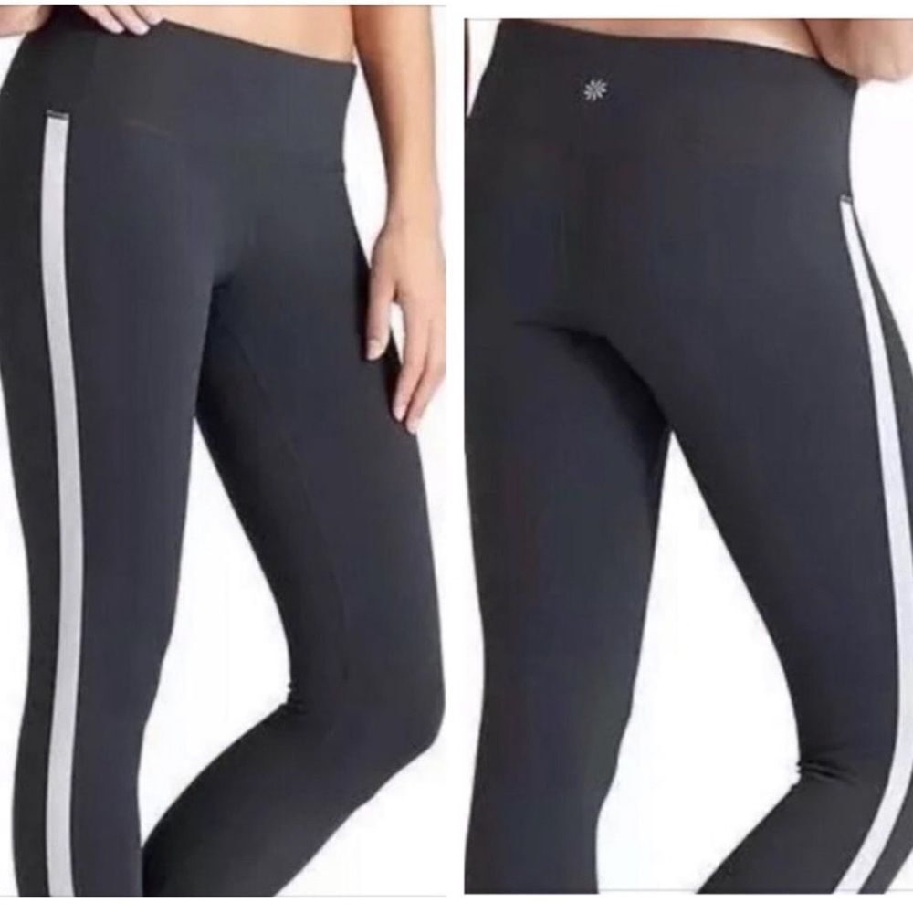 ATHLETA | Tux Black & Grey Chaturanga Tights Leggings Stripe Women’s Size Small